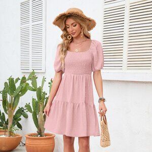 Swiss Dot Smocked Square Neck Dress